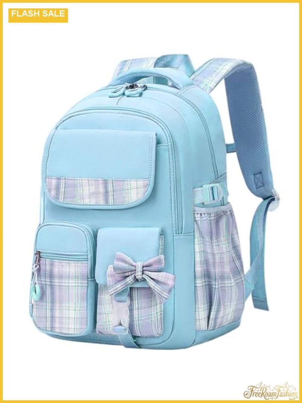 Checkered Plaid Waterproof Nylon Backpack with Furry Pendant, Laptop Compatible